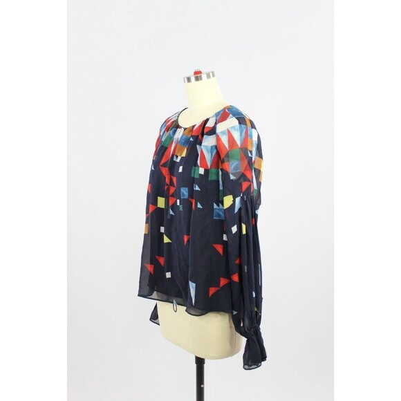 JOIE Burella Navy Geometric Print 100% Silk Georgette Ruffle Blouse, Size S - Picture 5 of 14